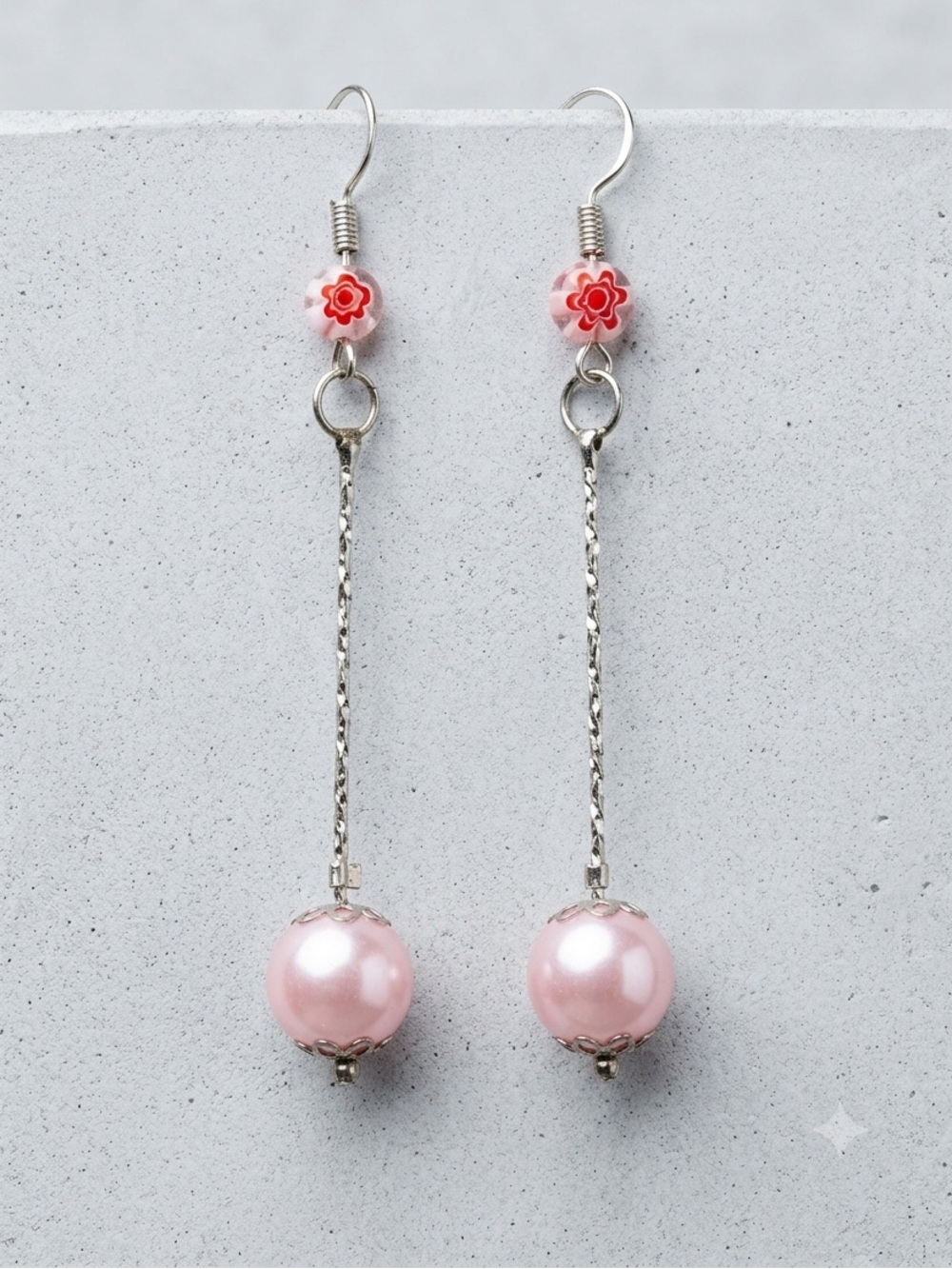 Vintage Murano Style Pink Faux Pearl Beaded Dangle Earrings Silver Tone - Picture 1 of 8